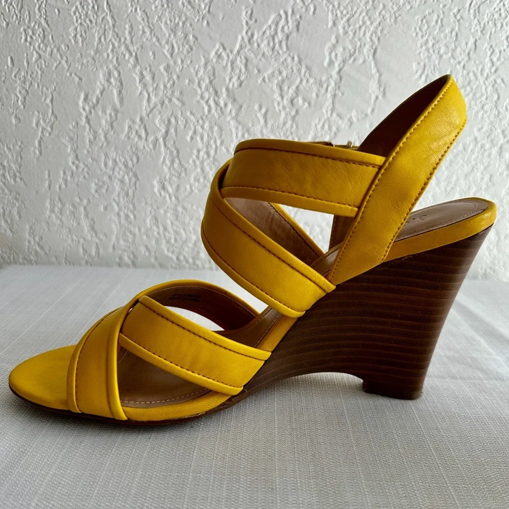 J Crew Shoe Lena Strappy Wood Wedge Sandals Leather Size 7.5 Yellow